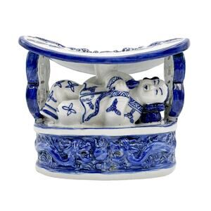 Antique Chinese Neck Pillow Blue and White Chinoiserie Dragon Boat Porcelain